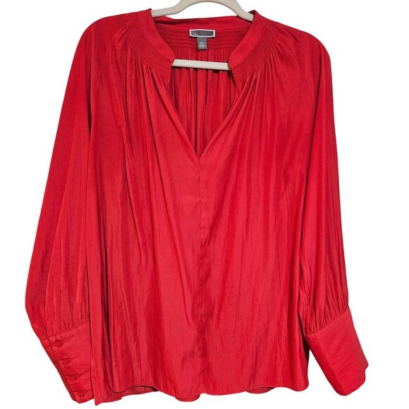 Chelsea28 Red Satin Blouse Large Romantic Holiday Glam Statement Top - Picture 2 of 12